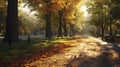 photorealistic, copy space, late afternoon light, Alley in the autumn park, tranquil scene, beautiful urban landscape in a park Royalty Free Stock Photo