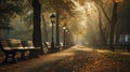 photorealistic, copy space, late afternoon light, Alley in the autumn park, tranquil scene, beautiful urban landscape in a park Royalty Free Stock Photo