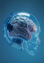 A photorealistic 3D image showing a brain with advanced neural connections encased in a transparent head. The image highlights the