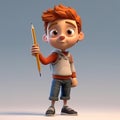 Photorealistic 3d Model Of Cartoon Boy Holding Pencil In Lyon School Style Royalty Free Stock Photo