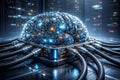 Artificial Intelligence Server Hub with Data Cables Connected to Digital Brain Device Royalty Free Stock Photo