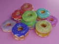 Photorealistic 3D render of colorful donuts. For websites and banner ads