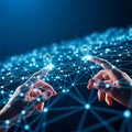 Photorealistic 3D render: Human hands connecting to a glowing blue cyan digital network in a sci-fi void, representing technologic Royalty Free Stock Photo