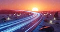 Photorealistic 3D render of a neon blue abstract highway winding through a sparse futuristic landscape at sunset, emphasizing high Royalty Free Stock Photo