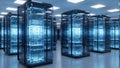 Futuristic Glass Server Room with Glowing Blue Data Lights in Clean Facility Royalty Free Stock Photo