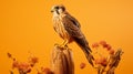 Photorealistic Falcon Perched On Log Against Vibrant Background
