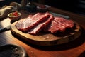 Photorealistic Food: Close-up of Dried Beef on Wooden Board