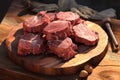 Photorealistic Food: Close-up of Dried Beef on Wooden Board