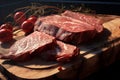 Photorealistic Food: Close-up of Dried Beef on Wooden Board