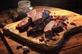 Photorealistic Food: Close-up of Dried Beef on Wooden Board