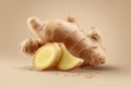 Photorealistic Fresh Ginger Root with Sliced Piece on Beige Background Royalty Free Stock Photo