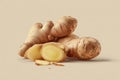 Photorealistic Fresh Ginger Root with Sliced Piece on Beige Background Royalty Free Stock Photo