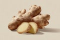 Photorealistic Fresh Ginger Root with Sliced Piece on Light Beige Background Royalty Free Stock Photo