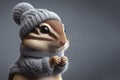 Photorealistic full body chipmunk wearing knitted sweater and beanie on solid studio background. ai generative