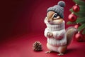 Photorealistic full body chipmunk wearing knitted sweater and beanie on studio red chrismas background. ai generative