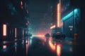 Photorealistic futuristic city in the style of cyberpunk. Empty street with neon lights