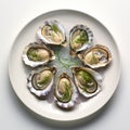 Photorealistic Gourmet Dish, Oysters on a Plate, Topview Perspective