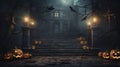 photorealistic Halloween background during a dark night. Illuminated pumkins with scary faces. Bats are flying around Royalty Free Stock Photo