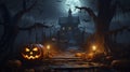 photorealistic Halloween background during a dark night. Illuminated pumkins with scary faces. Bats are flying around Royalty Free Stock Photo