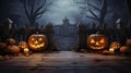 photorealistic Halloween background during a dark night. Illuminated pumkins with scary faces. Bats are flying around Royalty Free Stock Photo