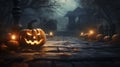 photorealistic Halloween background during a dark night. Illuminated pumkins with scary faces. Bats are flying around Royalty Free Stock Photo