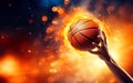 Photorealistic hand touching basketball ball on orange bokeh background. Fast catching motion, sport banner design, AI Generative Royalty Free Stock Photo