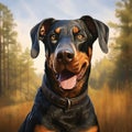A photorealistic happy Doberman Pinscher dog in natural setting by AI generated