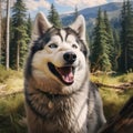 A photorealistic happy Husky dog in natural setting by AI generated