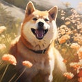 A photorealistic happy Shiba Inu dog in natural setting by AI generated