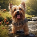 A photorealistic happy Yorkshire Terrier dog in natural setting by AI generated
