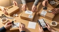 Photorealistic flat lay of diverse hands packaging custom boxes and applying labels for e commerce Royalty Free Stock Photo