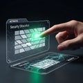 Photorealistic macro close-up captures a human hand activating a glowing green security firewall interface projected onto a dark s Royalty Free Stock Photo