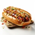 Photorealistic Hotdog With Chili Dressing On Isolated White Background