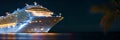 Photorealistic illustration of a huge cruiseship at night. Extremely detailed and realistic design