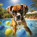 photorealistic image A Boxer puppy playing in a clear blue water pool with a bunch of yellow balls by AI generated Royalty Free Stock Photo