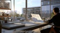Photorealistic image of an architect sketching building designs for a personal project at a spacious work desk with a model Royalty Free Stock Photo