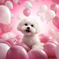 A photorealistic image of a Bichon Frise puppy surrounded pink love-shaped balloons by AI generated