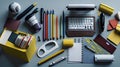 a photorealistic image capturing a collection of different types of office supplies
