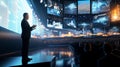 Photorealistic image of a CEO delivering an inspirational speech to a virtual audience, with high-definition visuals on multiple Royalty Free Stock Photo