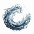 Photorealistic image of a circular wave of dark blue water splashing against a white background.