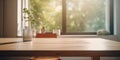 Photorealistic image of a clean wooden table in the kitchen