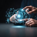 Photorealistic image detailing human hands manipulating a complex, glowing blue neural network interface floating above a sleek, d Royalty Free Stock Photo