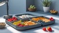 Photorealistic image of a digital snack organizer tray with soft white backdrop Royalty Free Stock Photo