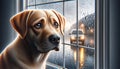 A photorealistic image of a dog looking out of a window on a rainy day with a sad expression on its face. Royalty Free Stock Photo