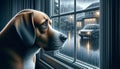 A photorealistic image of a dog looking out of a window on a rainy day with a sad expression on its face. Royalty Free Stock Photo