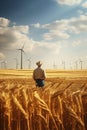 Photorealistic image of a farmer in a wheat field.
