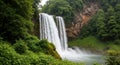 Photorealistic Waterfall in Dense Forest. Waterfall as Central Focus in Nature Scene. Stark White Waterfall Against Emerald Forest Royalty Free Stock Photo