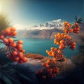 Sea Buckthorn Berries Resting at the Foot of Majestic Mountains, Made with Generative AI