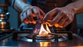 Photorealistic image of a hands lighting stove burner Royalty Free Stock Photo