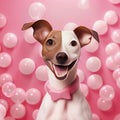 A photorealistic image of a Italian Greyhound puppy surrounded pink love-shaped balloons by AI generated